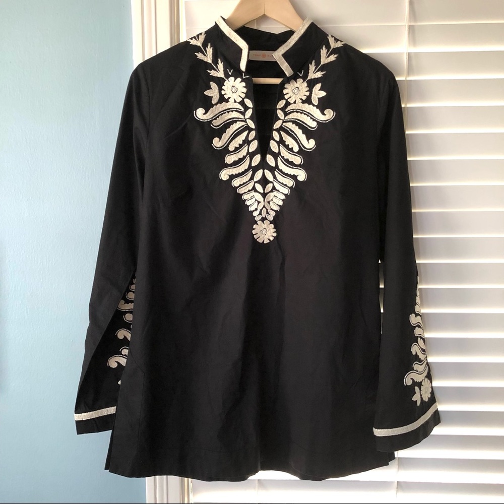 tory burch | embroidered long sleeve tunic top size 8 black v neck white beads